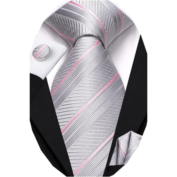 Mens Grey Pink Tie Set Solid Paisley Necktie Pocket Square Cufflinks Formal Silk - Picture 1 of 6